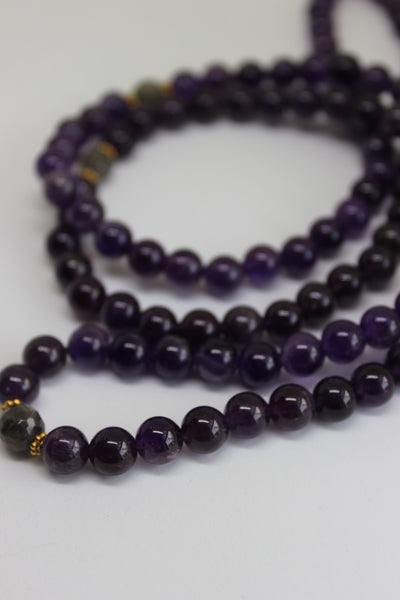 Genuine Amethyst & Labradorite Mala - Gold