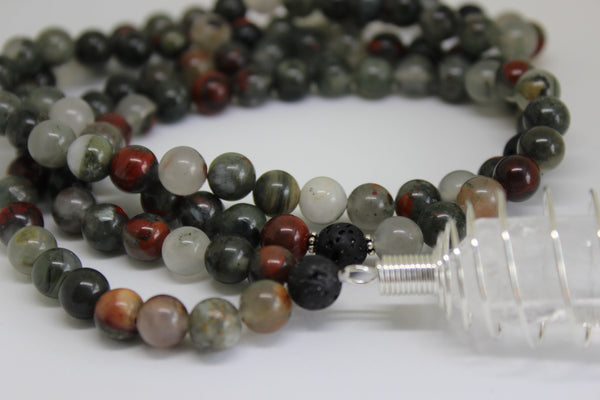 Genuine Bloodstone & Lava Stone Mala - Silver