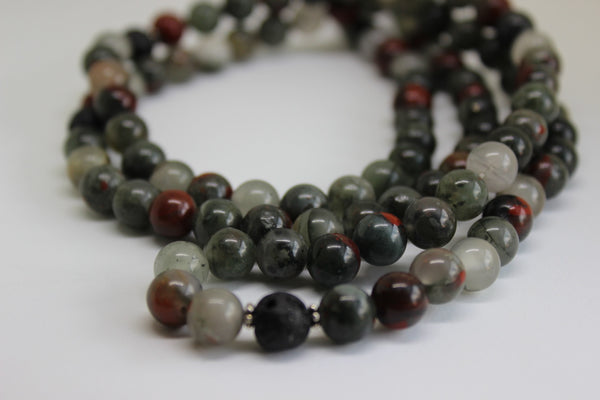 Genuine Bloodstone & Lava Stone Mala - Silver