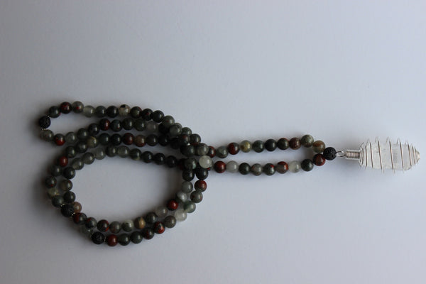 Genuine Bloodstone & Lava Stone Mala - Silver