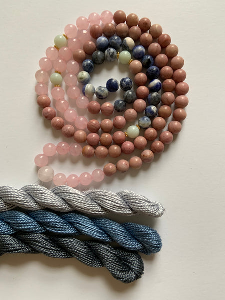 108 Bead ~ Rose Quartz, Rhodonite, Sodalite & Amazonite Mala with Tassel