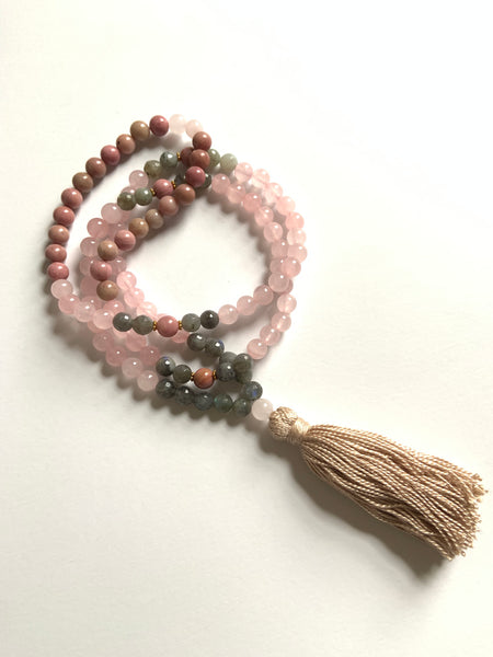 108 Bead ~ Rose Quartz, Labradorite & Rhodonite Mala with Tassel