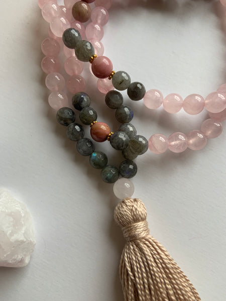 108 Bead ~ Rose Quartz, Labradorite & Rhodonite Mala with Tassel