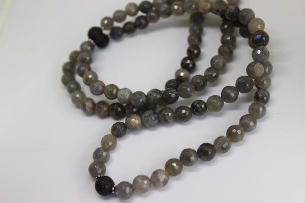 Genuine Labradorite & Lava Stone Mala - Silver