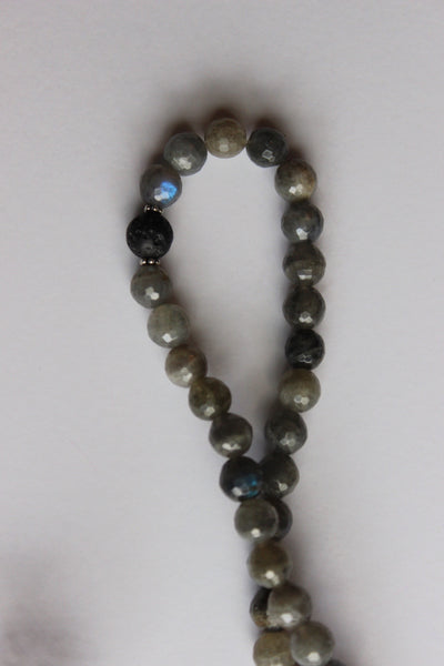 Genuine Labradorite & Lava Stone Mala - Silver