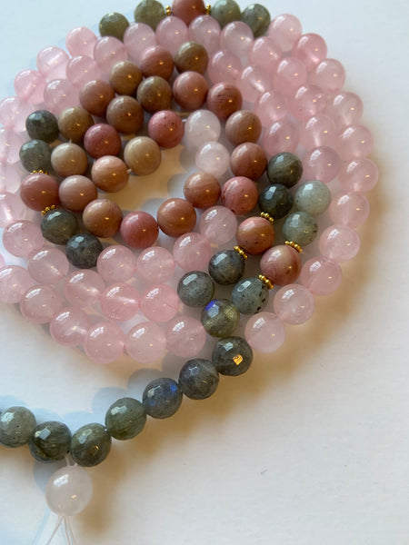 108 Bead ~ Rose Quartz, Labradorite & Rhodonite Mala with Tassel