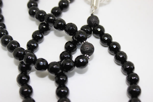Genuine Black Agate & Lava Stone Mala - Silver