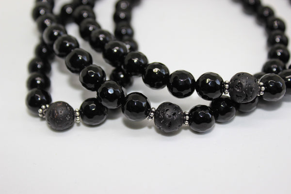 Genuine Black Agate & Lava Stone Mala - Silver