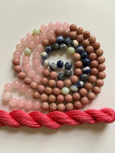 108 Bead ~ Rose Quartz, Rhodonite, Sodalite & Amazonite Mala with Tassel