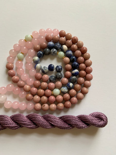 108 Bead ~ Rose Quartz, Rhodonite, Sodalite & Amazonite Mala with Tassel