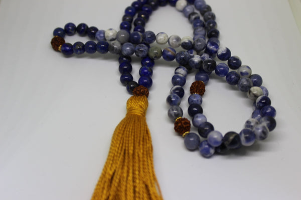 Genuine Sodalite, Lapis Lazuli & Rudraksha Mala - Mustard Tassel