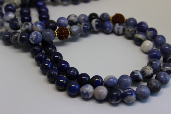 Genuine Sodalite, Lapis Lazuli & Rudraksha Mala - Mustard Tassel