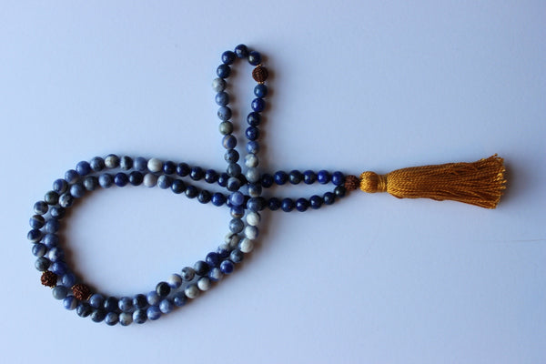 Genuine Sodalite, Lapis Lazuli & Rudraksha Mala - Mustard Tassel