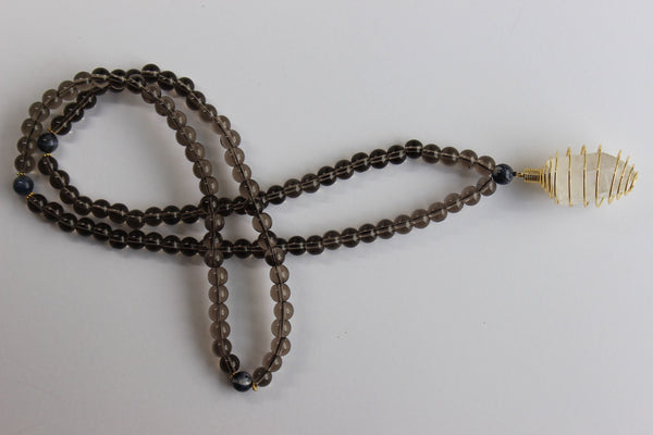 Genuine Smoky Quartz & Sodalite Mala - Gold