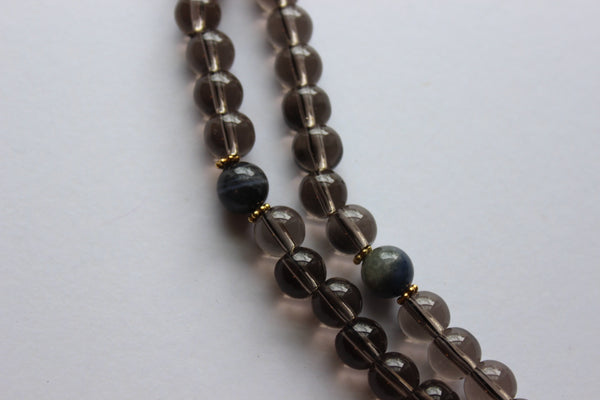 Genuine Smoky Quartz & Sodalite Mala - Gold