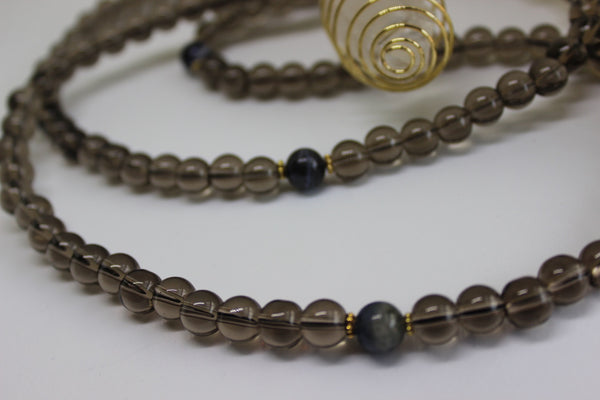 Genuine Smoky Quartz & Sodalite Mala - Gold