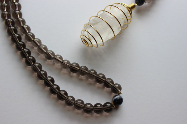 Genuine Smoky Quartz & Sodalite Mala - Gold