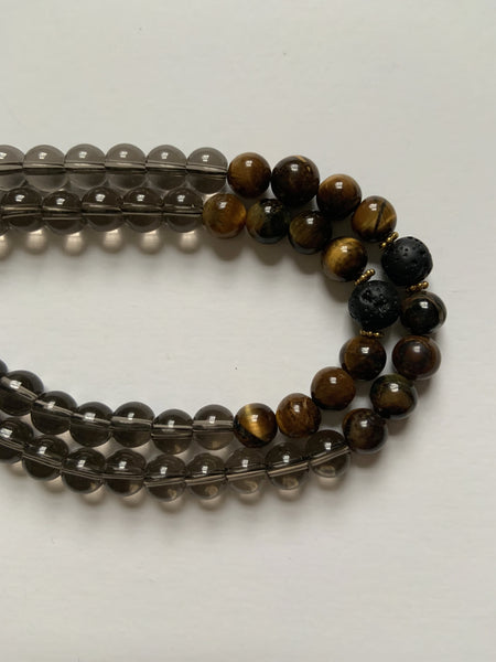 108 Gem Mala for Chuck ~ Genuine Smoky Quartz & Tigers Eye - Black Tassel