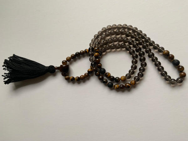 111 Gem Mala - Genuine Smoky Quartz & Tigers Eye - Black Tassel