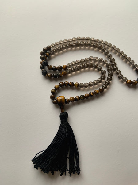 111 Gem Mala - Genuine Smoky Quartz & Tigers Eye - Black Tassel