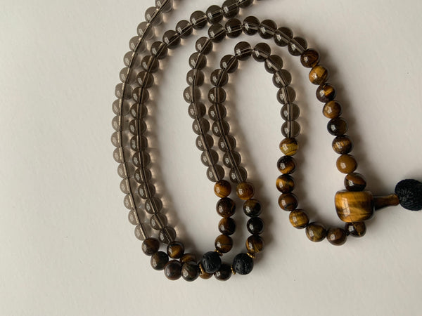 108 Gem Mala for Chuck ~ Genuine Smoky Quartz & Tigers Eye - Black Tassel