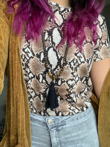 111 Gem Mala - Genuine Smoky Quartz & Tigers Eye - Black Tassel