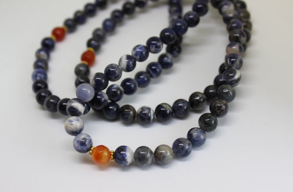 Genuine Sodalite & Carnelian Mala - Gold
