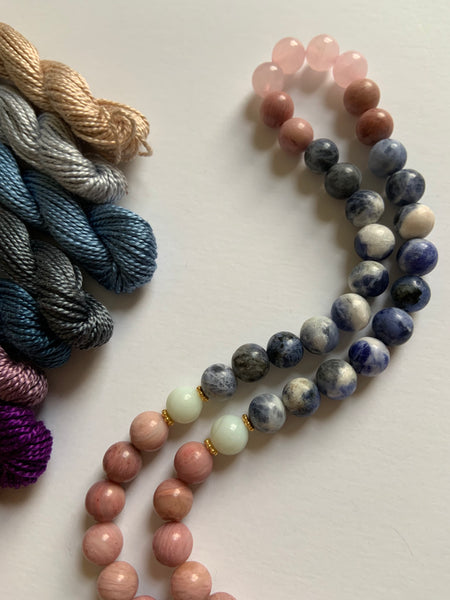 108 Bead ~ Rose Quartz, Rhodonite, Sodalite & Amazonite Mala with Tassel