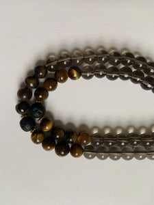 108 Mala for Kindra ~ Genuine Smoky Quartz & Tigers Eye - Black Tassel